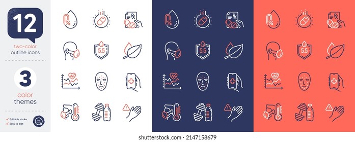 Set of Medical mask, Sick man and Cardio training line icons. Include Face biometrics, Prescription drugs, Health app icons. No alcohol, Mint leaves, Ph neutral web elements. Dont touch. Vector