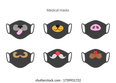 Conjunto de máscaras médicas con diferentes ilustraciones de dibujos animados. Ilustración vectorial.