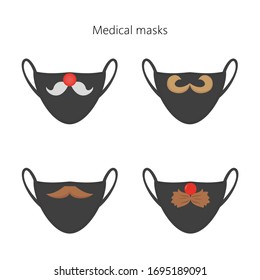  Set of medical masks with different mustache. Vector illustration.
