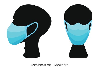 Set of medical masks in front with side view on white background.