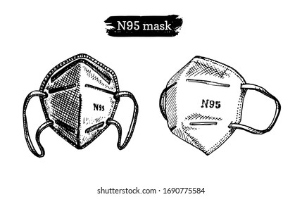 A set of medical masks, graphic illustration. Hand sketches of N95 respirators in vector.