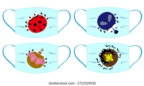 Set of medical masks with ladybug, butterfly, spider and fly on a white background. Funny insects for your health. Not boring coronavirus prevention. EPS10 vector illustration