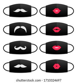 Set of medical masks with lips and mustache print. Modern person accessories