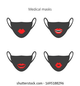 Set of medical masks with lips. Vector illustration.
