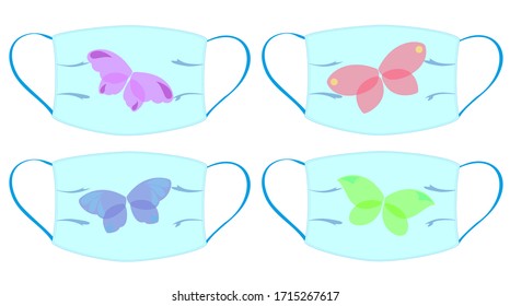 Set of medical masks with multi-colored wings of butterflies on a white background. Not boring coronavirus prevention. EPS10 vector illustration