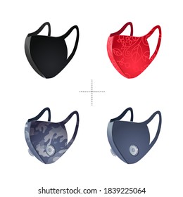 Set of medical masks. Realistic virus protection mask. Military style. Floral pattern. Masks with a pattern. Masks with air filter, breathing valve.