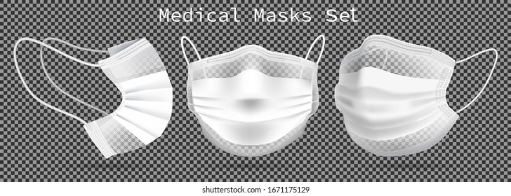 Set of medical masks - template. From different angles To protect coronavirus, infection and contaminated air. 3D realistic illustration. Isolated on transparent background. Vector.