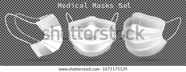 医療用マスクのセット テンプレート 様々な角度からコロナウイルスや感染 汚染空気を守る 3dのリアルなイラスト 透明な背景に ベクター画像 のベクター画像素材 ロイヤリティフリー