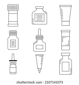 Set of medical  medicines isolated on white background - pills in jars, nasal spray, mixture, ointment in tube. Design elements for print, banners, posters, web, advertising in social networks. Doodle