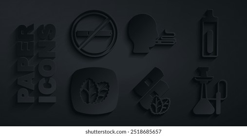 Set Medical nicotine patches, Electronic cigarette, Tobacco leaf, Hookah, Man smoking and No icon. Vector