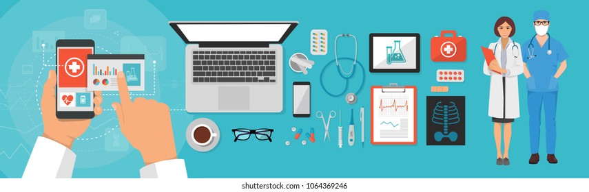 set of medical objects, doctor's desk: first aid kit, syringe, pills, stetoscope, online recording and registration via mobile communication, hand with telephone, people therapist and nurse