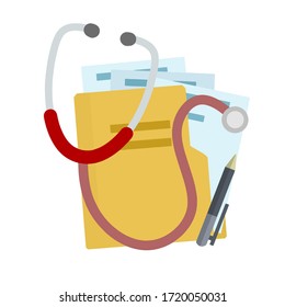 Set of medical objects. Paper file folder with diagnostics and analysis. Stethoscope for treatment and pen. Doctor tool. Hospital icon. Flat cartoon illustration