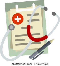 Set of medical objects. Paper file folder with diagnostics and analysis. Stethoscope for treatment and pen. Doctor tool. Hospital icon. Flat cartoon illustration