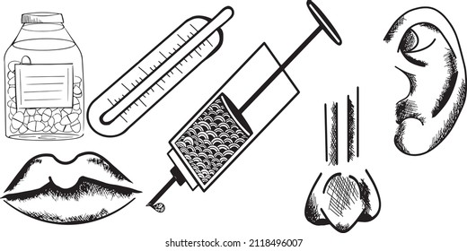 Set with medical objects and parts of the body