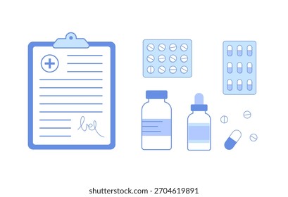 Conjunto de objetos médicos para farmacia o clínica, documento, píldoras, botella, gotas.