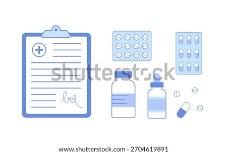 Set of medical objects for pharmacy or clinic, document, pills, bottle, drops.