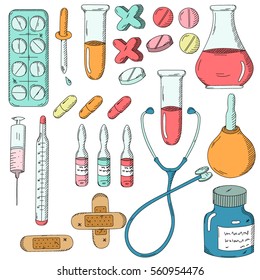 Set of medical objects. Pills, ampoule, syringe, thermometer, stethoscope, syringe, patch, flask.