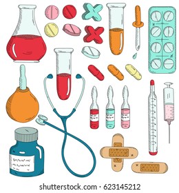 Set of medical objects. Pills, ampoule, syringe, thermometer, stethoscope, syringe, patch, flask.