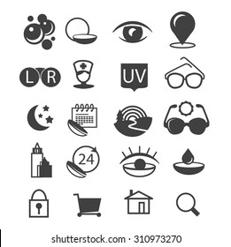 Set of medical ophtalmology icons for corrective, night, colour contact lenses, sun glasses