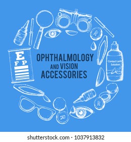 Set of medical optometry accessory for correct vision - contact lens, solution, lens case eye test chart, glasses. Vector