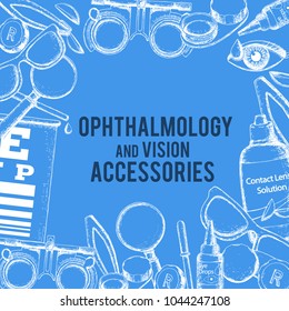 Set of medical optometry accessory for correct vision - contact lens, solution, lens case eye test chart, glasses. Vector