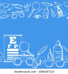 Set of medical optometry accessory for correct vision - contact lens, solution, lens case eye test chart, glasses. Vector