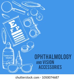 Set of medical optometry accessory for correct vision - contact lens, solution, lens case eye test chart, glasses. Vector