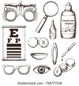 Set of medical optometry accessory for correct vision - contact lens, solution, lens case eye test chart, glasses. Vector