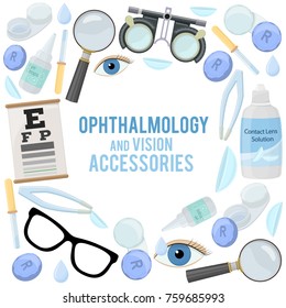 Set of medical optometry accessory for correct vision - contact lens,  solution, lens case eye test chart, glasses. Vector