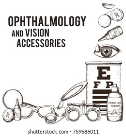 Set of medical optometry accessory for correct vision - contact lens,  solution, lens case eye test chart, glasses. Vector