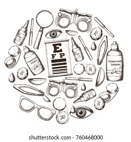 Set of medical optometry accessory for correct vision - contact lens,  solution, lens case eye test chart, glasses. Vector
