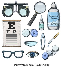 Set of medical optometry accessory for correct vision - contact lens, solution, lens case eye test chart, glasses. Vector