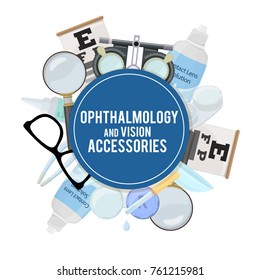 Set of medical optometry accessory for correct vision - contact lens,  solution, lens case eye test chart, glasses. Vector