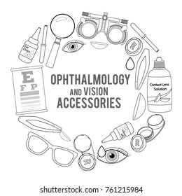 Set of medical optometry accessory for correct vision - contact lens,  solution, lens case eye test chart, glasses. Vector