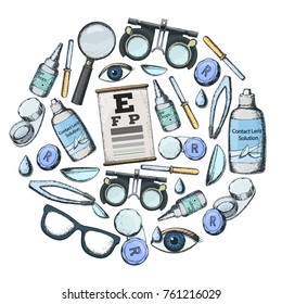 Set of medical optometry accessory for correct vision - contact lens,  solution, lens case eye test chart, glasses. Vector