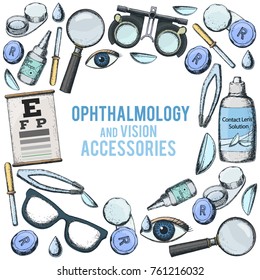 Set of medical optometry accessory for correct vision - contact lens,  solution, lens case eye test chart, glasses. Vector