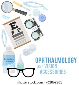 Set of medical optometry accessory for correct vision - contact lens, solution, lens case eye test chart, glasses. Vector