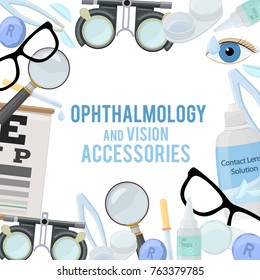 Set of medical optometry accessory for correct vision - contact lens, solution, lens case eye test chart, glasses. Vector