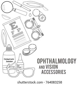 Set of medical optometry accessory for correct vision - contact lens, solution, lens case eye test chart, glasses. Vector