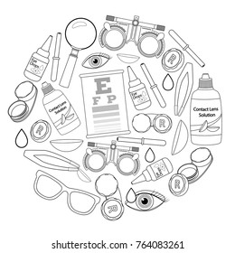 Set of medical optometry accessory for correct vision - contact lens,  solution, lens case eye test chart, glasses. Vector