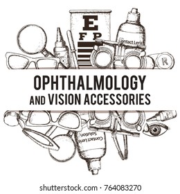 Set of medical optometry accessory for correct vision - contact lens, solution, lens case eye test chart, glasses. Vector