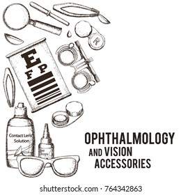 Set of medical optometry accessory for correct vision - contact lens, solution, lens case eye test chart, glasses. Vector