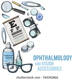 Set of medical optometry accessory for correct vision - contact lens, solution, lens case eye test chart, glasses. Vector
