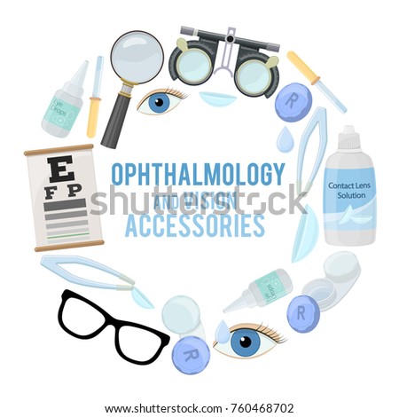 Set of medical optometry accessory for correct vision - contact lens,  solution, lens case eye test chart, glasses. Vector