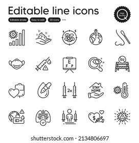 Set Of Medical Outline Icons. Contains Icons As Social Care, Coronavirus And Thermometer Elements. Vision Board, Stay Home, Eu Close Borders Web Signs. Lungs, Coronavirus Statistics. Vector