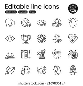 Set Of Medical Outline Icons. Contains Icons As Health Eye, Coronavirus And Washing Hands Elements. Vitamin E, Quarantine, Microscope Web Signs. Covid Test, Cough, Eye Elements. Vector