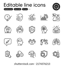 Set of Medical outline icons. Contains icons as Vaccine message, Clean hands and Shield elements. Face declined, Lungs, Stress web signs. Weariness, Coronavirus vaccine, Serum oil elements. Vector