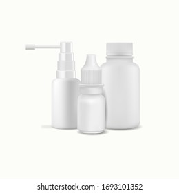 Set of medical packaging isolated on white background. Container for tablets, spray bottle and dropper bottle. Vector Mockup of clean pack for medicament.