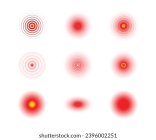 Set of medical pain circle icons. Red pain circles. Pain and Ache symbols. Red symbol of pain place. Concentric circle elements. Minimal radial ripples. Sound waves.