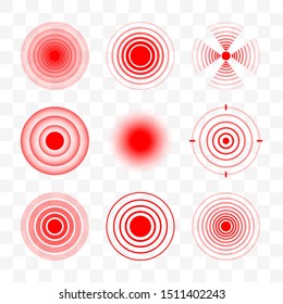 Set of medical pain circle. Red vector symbol of pain place.